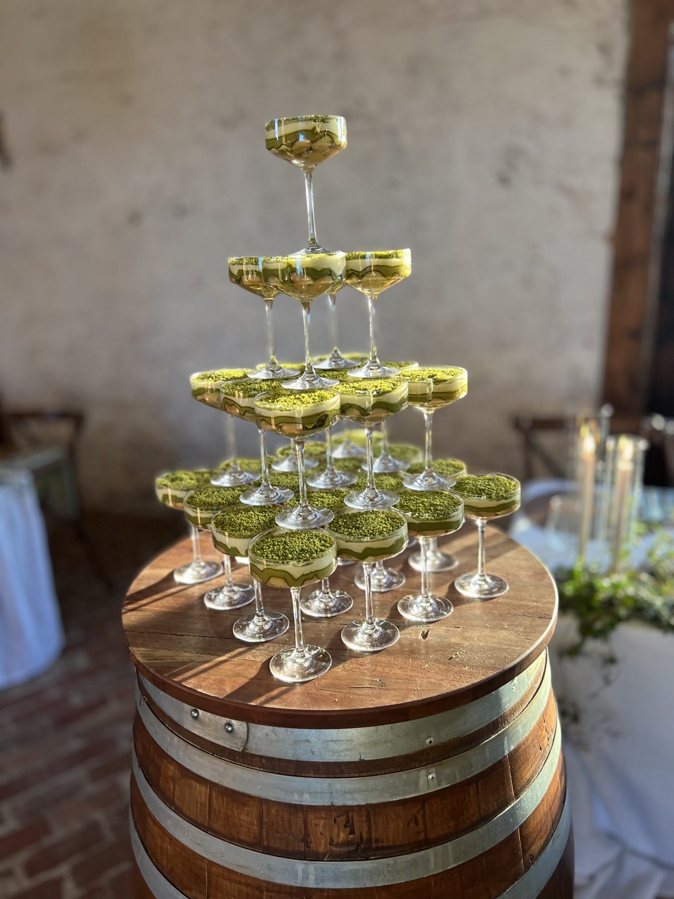 Tiramisu coupes being prepared at an event